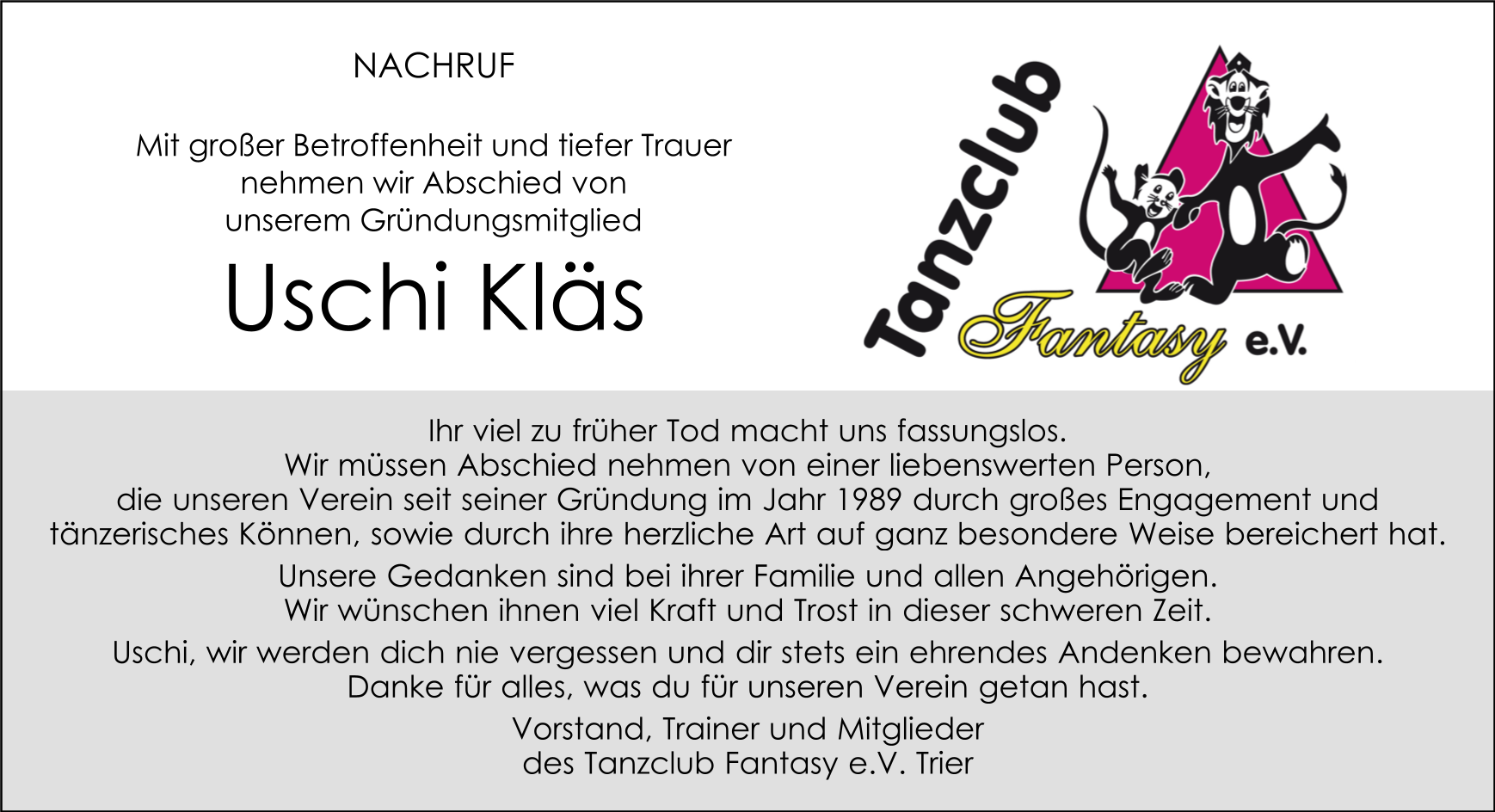 Nachruf für Uschi Kläs mit dem Vereinslogo rechts oben.